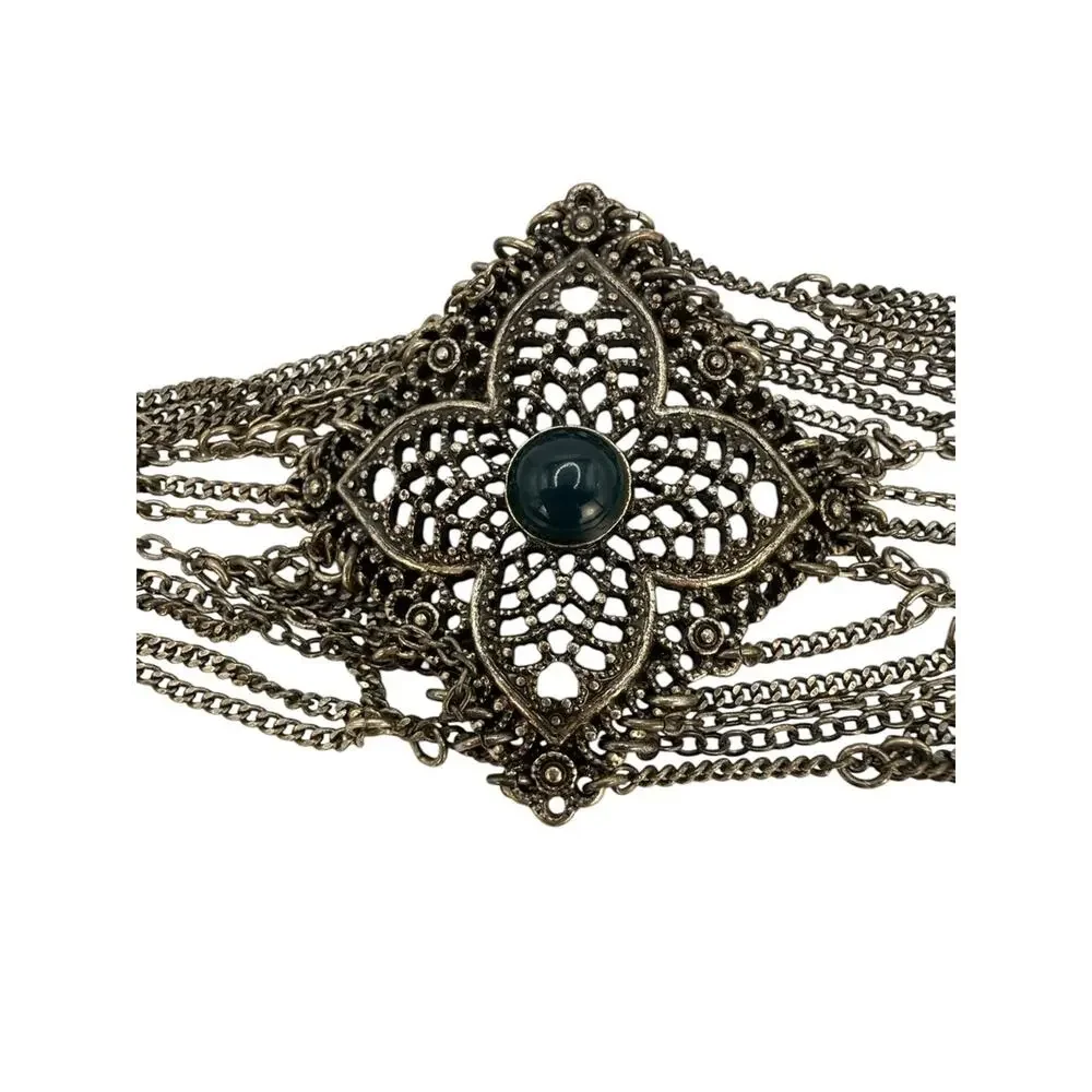 Lucky Brand Vintage Silver Filigree Flower Cuff Bracelet with Teal Cabochon